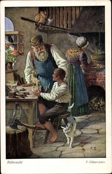 Artist PC Elßner, F., Rübezahl, mountain spirit, family, kitchen