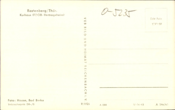 Postcard Rastenberg in Thuringia, Kurhaus, FDGB contract home