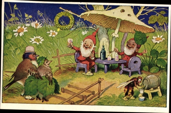 Artist PC Baumgraten, Fritz, on the honeymoon, pair of birds, dwarfs toast, bee