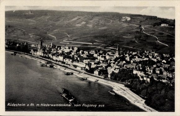 Postcard Rüdesheim am Rhein, aerial photograph with Niederwald Monument
