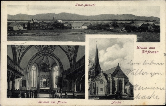 Postcard Othfresen Liebenburg Harz, total view, church, inside and outside