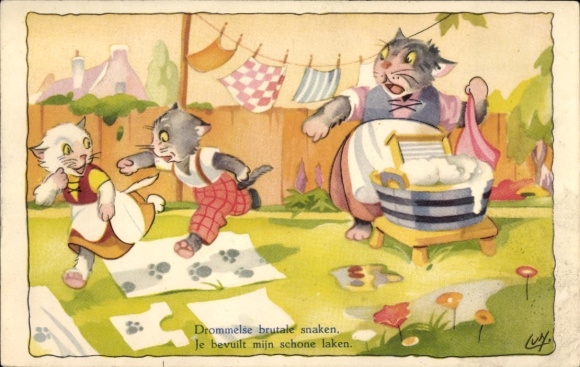 Artist Postcard Humanized Animals, Cat doing laundry, Children, Paw print on the bedsheet