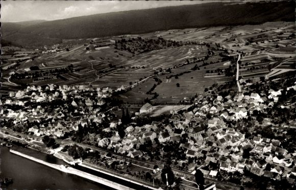 Postcard Faulbach am Main Lower Franconia, aerial view of Faulbach, vineyards, residential buildings, river.