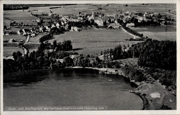 Ak Buxheim in Schwaben, Luftaufnahme, Bade- und Ausflugsort, Weiherhaus, ländliche Umgebung