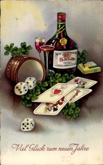 KP Szczęśliwego Nowego Roku, puchar, kości, szczęśliwa koniczyna, alkohol, karty do gry