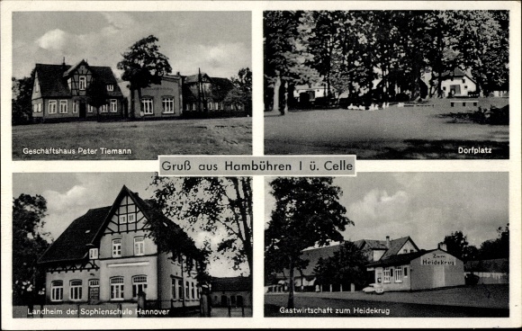 Postcard Hambuehren Nieders., commercial building, country home Sophienschule Hanover, inn to Heidekrug