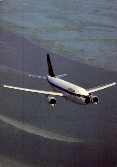Postcard Deutsche Lufthansa, passenger plane flying over the sea