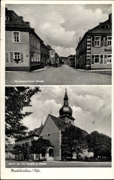 Postcard Marktleuthen Upper Franconia, Kirchenlamitzer Straße, church, market