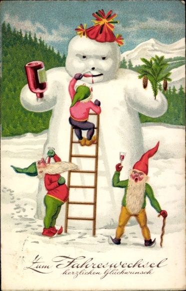 Postcard Happy New Year, dwarves building a snowman, wine bottle