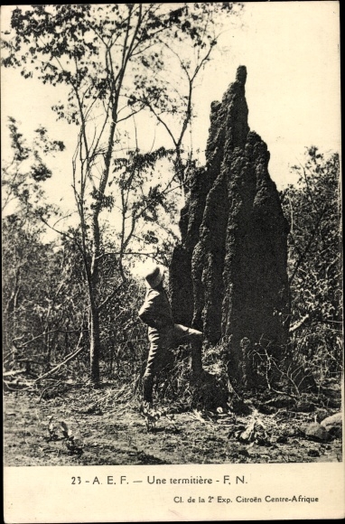 Postcard Africa, man next to termite construction, Expedition Citroen
