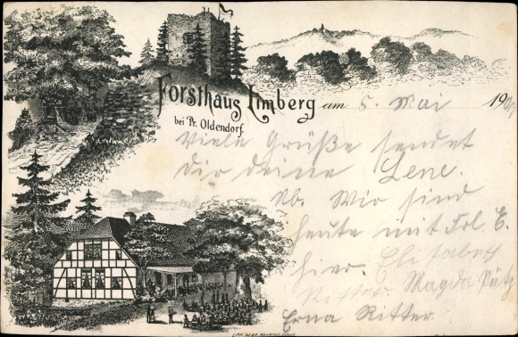 Chromo-Litho Boerninghausen Prussian Oldendorf Westphalia, Forsthaus Limberg, castle ruins