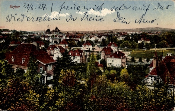Postcard Erfurt in Thuringia, city view, architecture, color map
