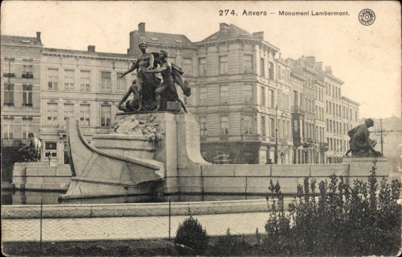 KP Antwerpia Flandria, pomnik Lambermont, statua, fontanna, widok na miasto