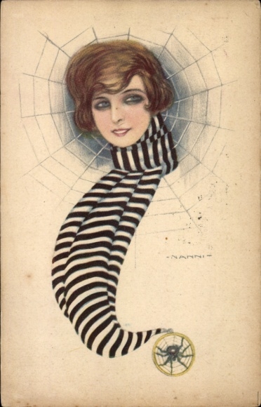 Artist Postcard Nanni, woman portrait, scarf, spider