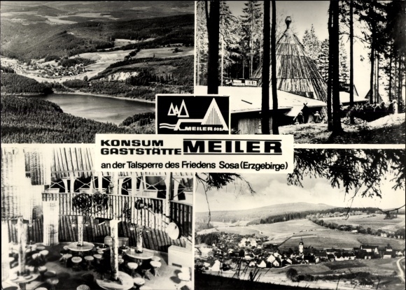 Postcard Sosa Eibenstock in the Ore Mountains, consumption restaurant Meiler at the dam of peace