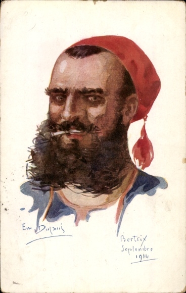 Kunstenaarskaart Dupuis, Emil, Franse soldaat, sigaret