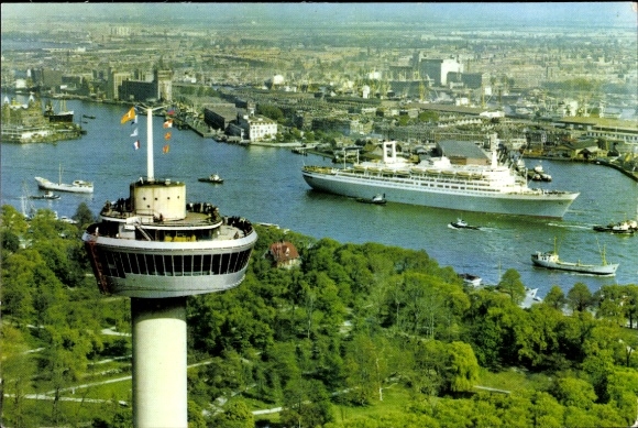 Postcard Rotterdam, Euromast, flag ship Holland-America line