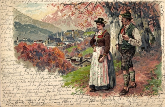 Kunstenaar litho Bergen, Fritz, Berchtesgaden in Opper-Beieren, echtpaar in Beierse klederdracht, stadszicht