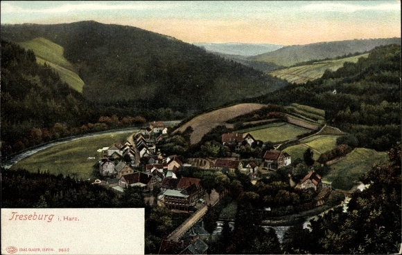 Postcard Treseburg Thale in the Harz, Hotel Weisser Hirsch, Bodetal, panorama