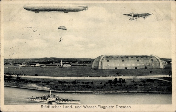Ak Dresden, Städtischer Land und Wasserflugplatz, Zeppelin, Fallschirmspringer, Flugzeug