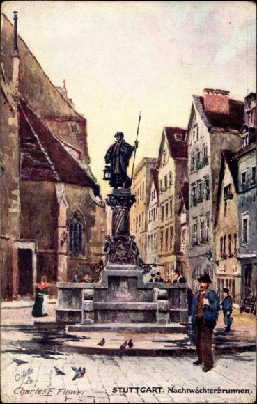 Artist PC Flower, Charles, Stuttgart, night watchman fountain, Tuck 653 B