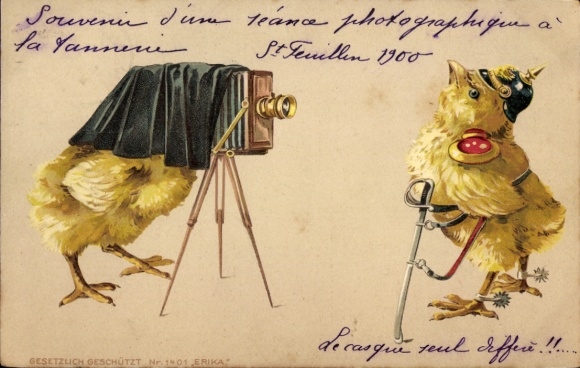 Chromo-Litho Happy Easter, chick in uniform posing in front of the camera