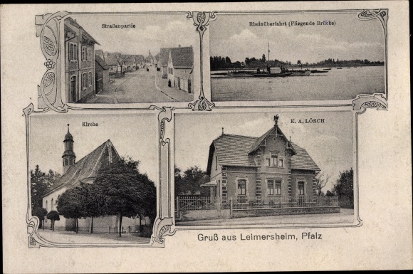 PC Leimersheim in der Pfalz, street section, Rhine ferry, church, business