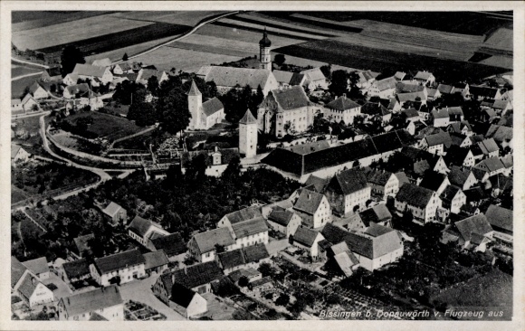 Postcard Bissingen in Swabia Bavaria, aerial view, buildings, church, houses, quiet surroundings