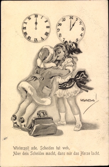 Artist Postcard Usabal, lovers, kiss, clocks