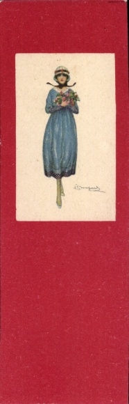 Artist Postcard Bompard, Sergio, Lady in a blue dress, bouquet of flowers