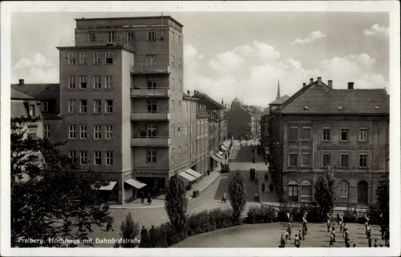 Postcard Freiberg in Saxony, high-rise building with Bahnhofstrasse