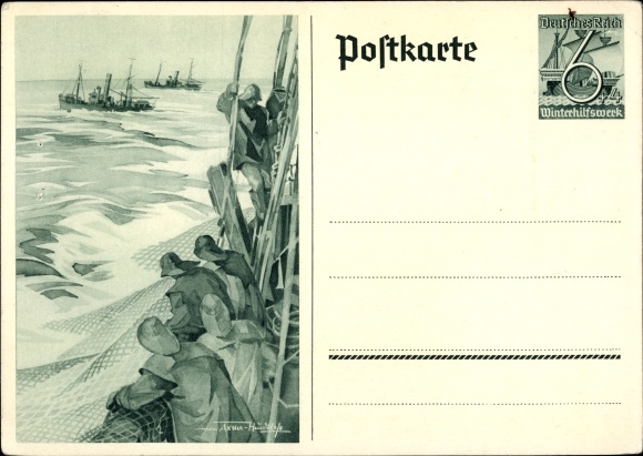 Postwaardestuk ansichtkaart Axster Heudtlass, vissers op volle zee, vissersboten