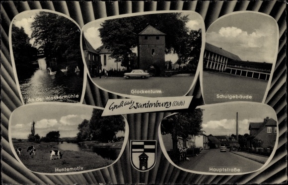 Postcard Wardenburg in Oldenburg, bell tower, school, hunt motif, at the water mill, main street