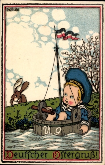 Künstler Ak Kallista, Glückwunsch Ostern, Junge im Eimer, Fahne, Osterhase