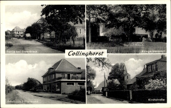 Ak Collinghorst Rhauderfehn in Ostfriesland, Kaufhaus Battermann, Kirchstraße, Steenblock, Denkmal