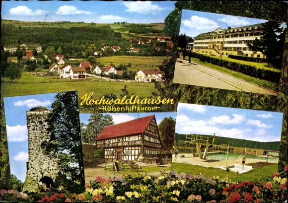 Postcard Hochwaldhausen Ilbeshausen Grebenhain Hesse, swimming pool, panorama, half-timbered house