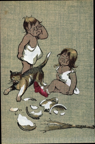 Artist Postcard crying toddlers, cat, broken jug
