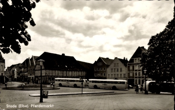 Postcard Stade in Lower Saxony, horse market, historical buildings, street view, buses