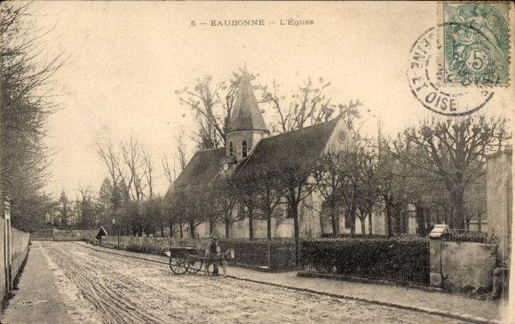 Ak Eaubonne Val d'Oise, Kirche, Straßenansicht, Pferdefuhrwerk, Bäume, Winter