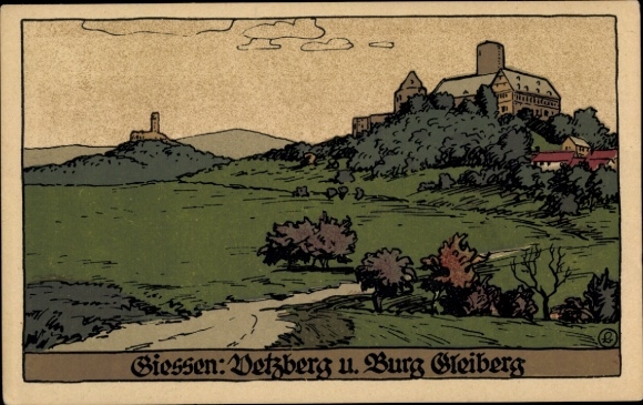 Lithography Postcard Gleiberg Wettenberg in Hesse, Gleiberg Castle, Vetzberg