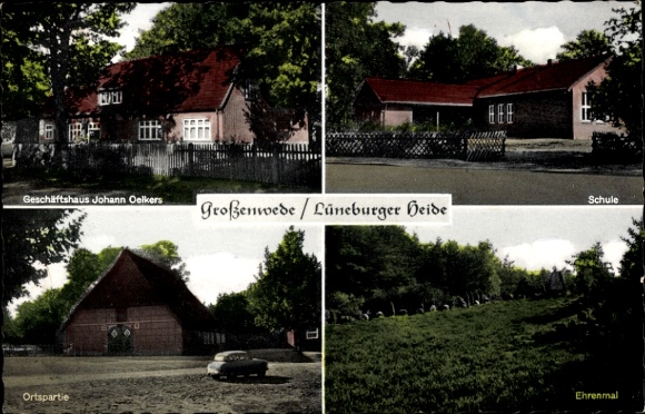 Ak Lüneburger Heide, Geschäftshaus Johann Oelkers, Schule, Ehrenmal, Ortspartie, FR, F