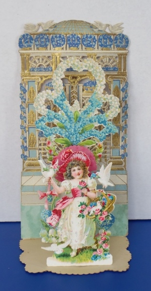 Backdrop card 3D wafer standee, congratulations, girl with basket of flowers, doves, roses