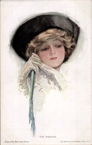 Artist Postcard Fisher, H., Painted portrait of a Woman, White Gloves, Hat