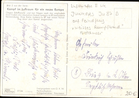 Postcard Luftwaffe, Junkers Ju 87 B-1 Stuka fighter aircraft in enemy flight over the Channel, white fuselage tape