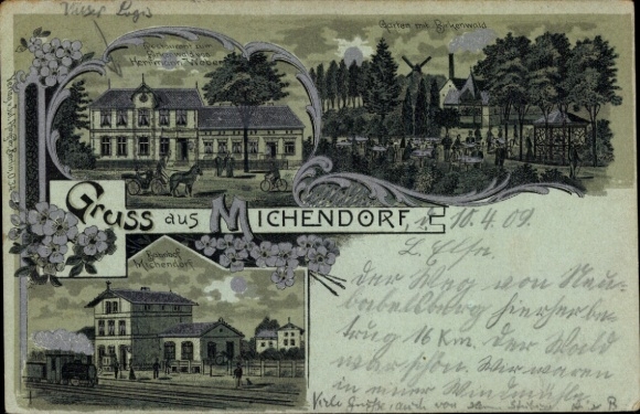 Moonlight Chromo-Litho Michendorf in der Mark, train station, garden, birch forest, restaurant