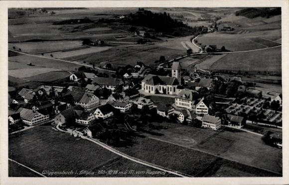 Postcard Wiggensbach in Allgäu, aerial view of church visible, country house architecture