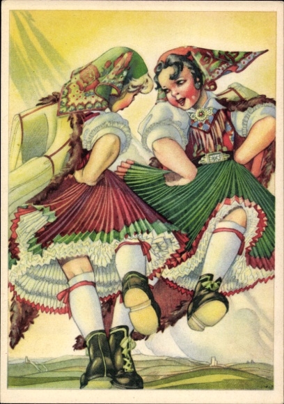 Postcard Carinthia, Dancing girls in folk costumes