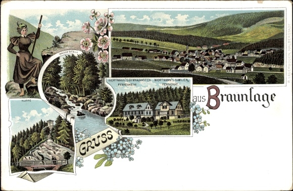Chromo-Litho Braunlage in the Upper Harz, panorama, cliff, holiday home and boarding house Wortmann