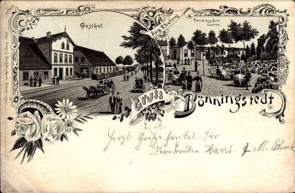 Ak Bönningstedt in Sleeswijk-Holstein, herberg, uitzicht op de tuin, oude architectuur, paardenkoetsen