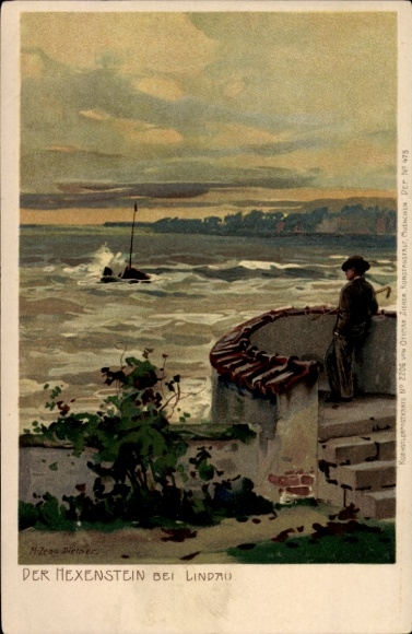 Kunstenaar litho Zeno Diemer, Lindau in Bodensee Schwaben, de Heksensteen